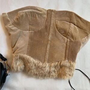 🎉Last One New Sexy On Trend Faux Light Brown Faux Fur Trim Top